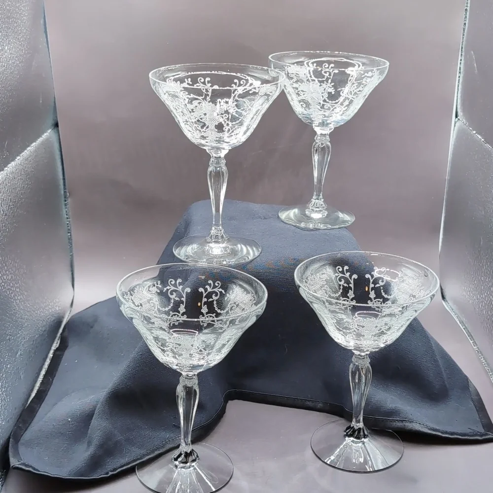 Vintage (4) Fostoria Florentine Etched Crystal Champagne Coupe Glasses 5.5